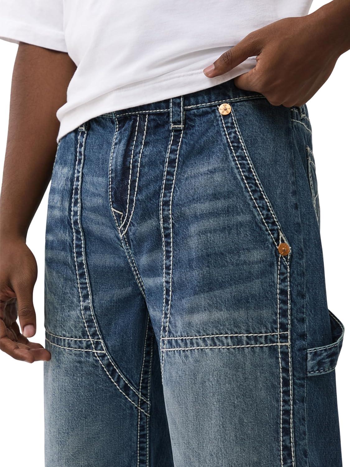 imageTrue Religion Mens Vinny Ultra Baggy Carpenter Pants Big T Stitch Utility Style 34 InseamRed Wine Medium Wash