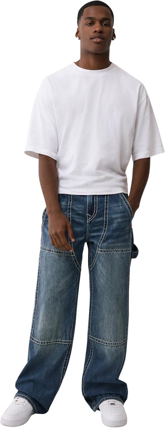 imageTrue Religion Mens Vinny Ultra Baggy Carpenter Pants Big T Stitch Utility Style 34 InseamRed Wine Medium Wash