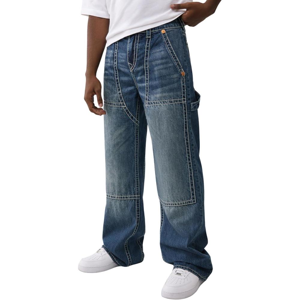 imageTrue Religion Mens Vinny Ultra Baggy Carpenter Pants Big T Stitch Utility Style 34 InseamRed Wine Medium Wash
