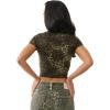 True Religion Women’s Leopard Crystals Baby Tee – Short Sleeve Crewneck Graphic Fitted T-Shirt(Camo Leopard)