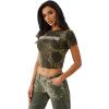 True Religion Women’s Leopard Crystals Baby Tee – Short Sleeve Crewneck Graphic Fitted T-Shirt(Camo Leopard)