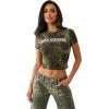 True Religion Women’s Leopard Crystals Baby Tee – Short Sleeve Crewneck Graphic Fitted T-Shirt(Camo Leopard)
