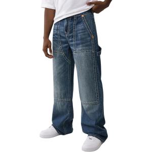 True Religion Men’s Vinny Ultra Baggy Carpenter Pants – Big T Stitch, Utility Style, 34″ Inseam(Red Wine Medium Wash)