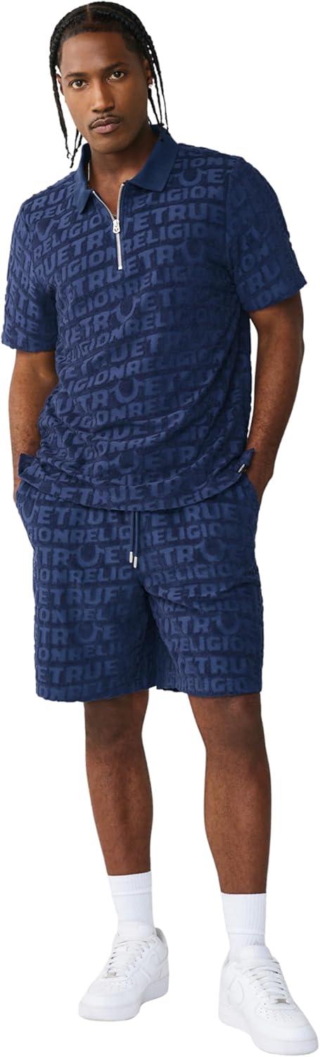 imageTrue Religion Mens Short Sleeve Logo Terry Knit Zip Polo VNotched Collar Varsity Stripes Collegiate Graphic