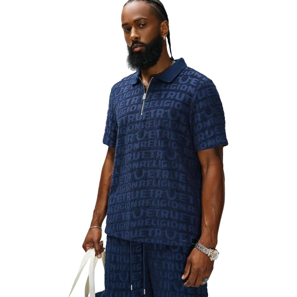imageTrue Religion Mens Short Sleeve Logo Terry Knit Zip Polo  VNotched Collar Varsity Stripes Collegiate Graphic