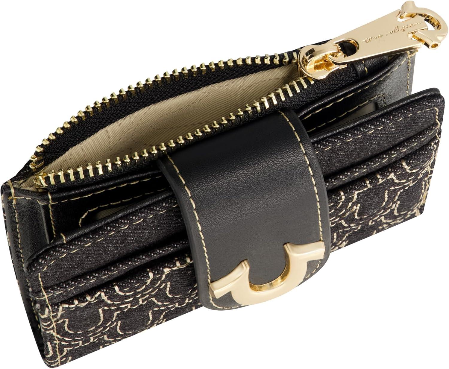 imageTrue Religion Womens Mini Wallet Horseshoe Logo Small Compact Clutch Purse Black One Size