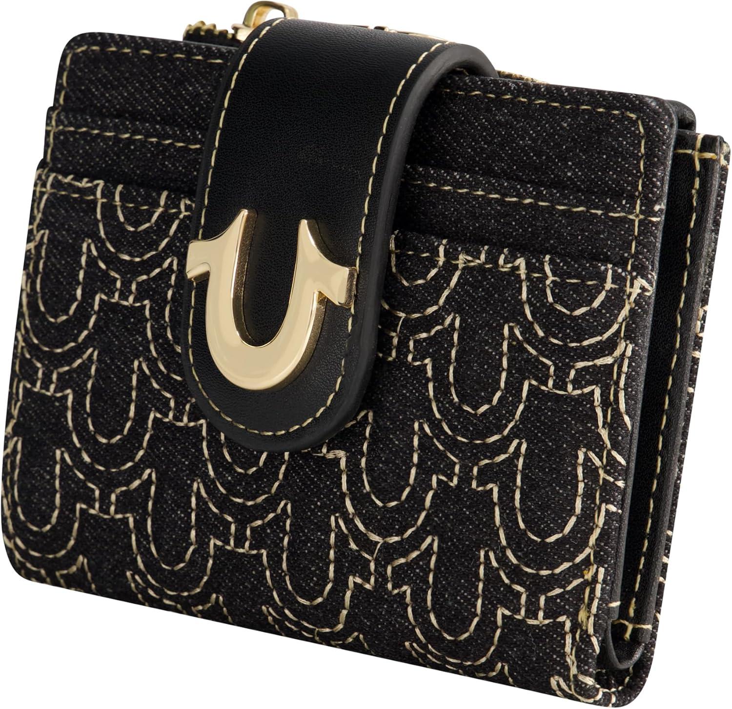 imageTrue Religion Womens Mini Wallet Horseshoe Logo Small Compact Clutch Purse Black One Size