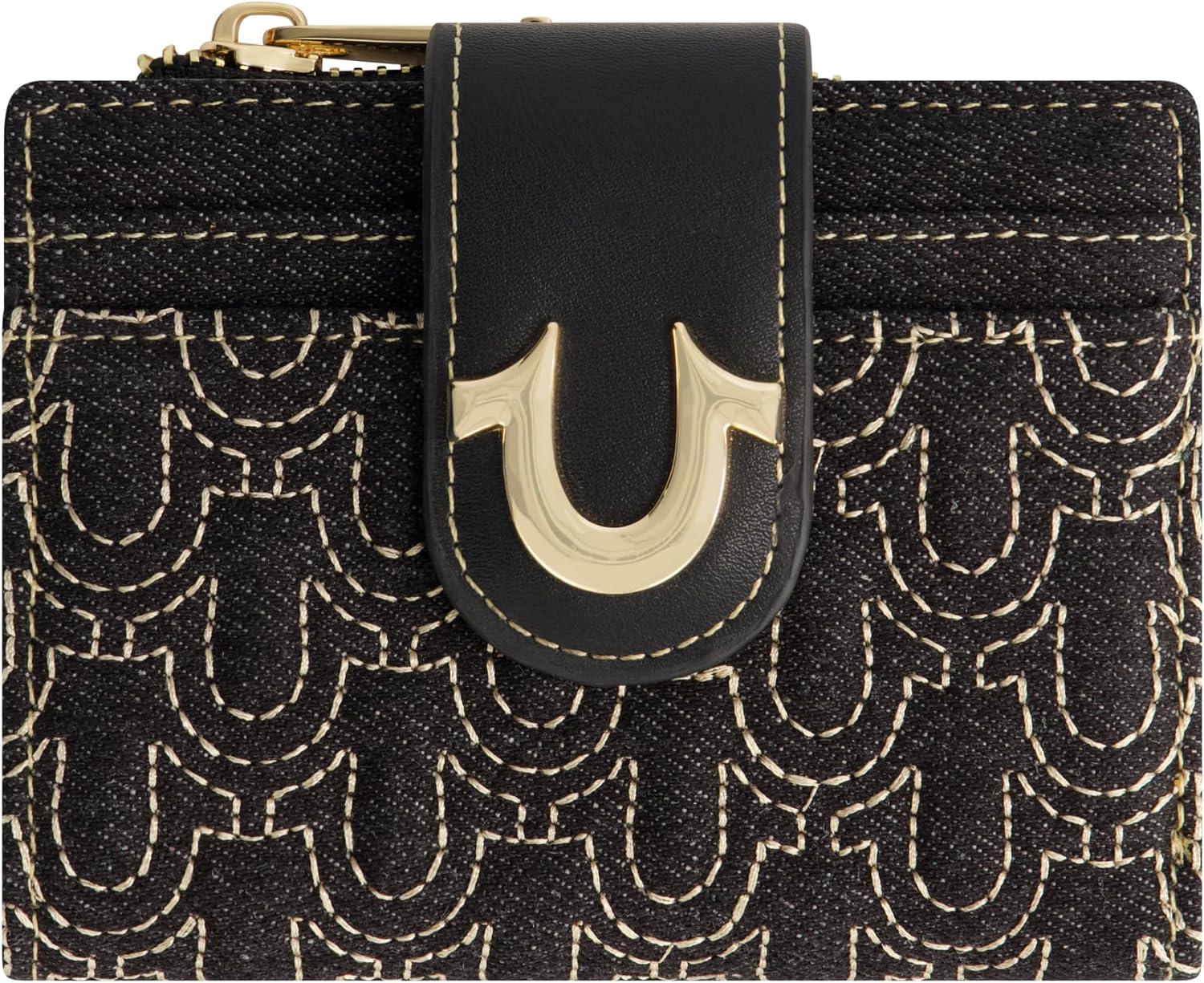 imageTrue Religion Womens Mini Wallet Horseshoe Logo Small Compact Clutch Purse Black One Size