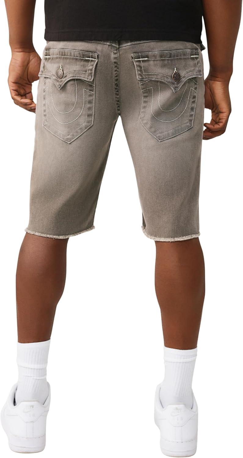 imageTrue Religion Mens Ricky Frayed Hem Denim Short Relaxed Fit Horseshoe Detailing RawCut Hem Plankton Grey Wash 36