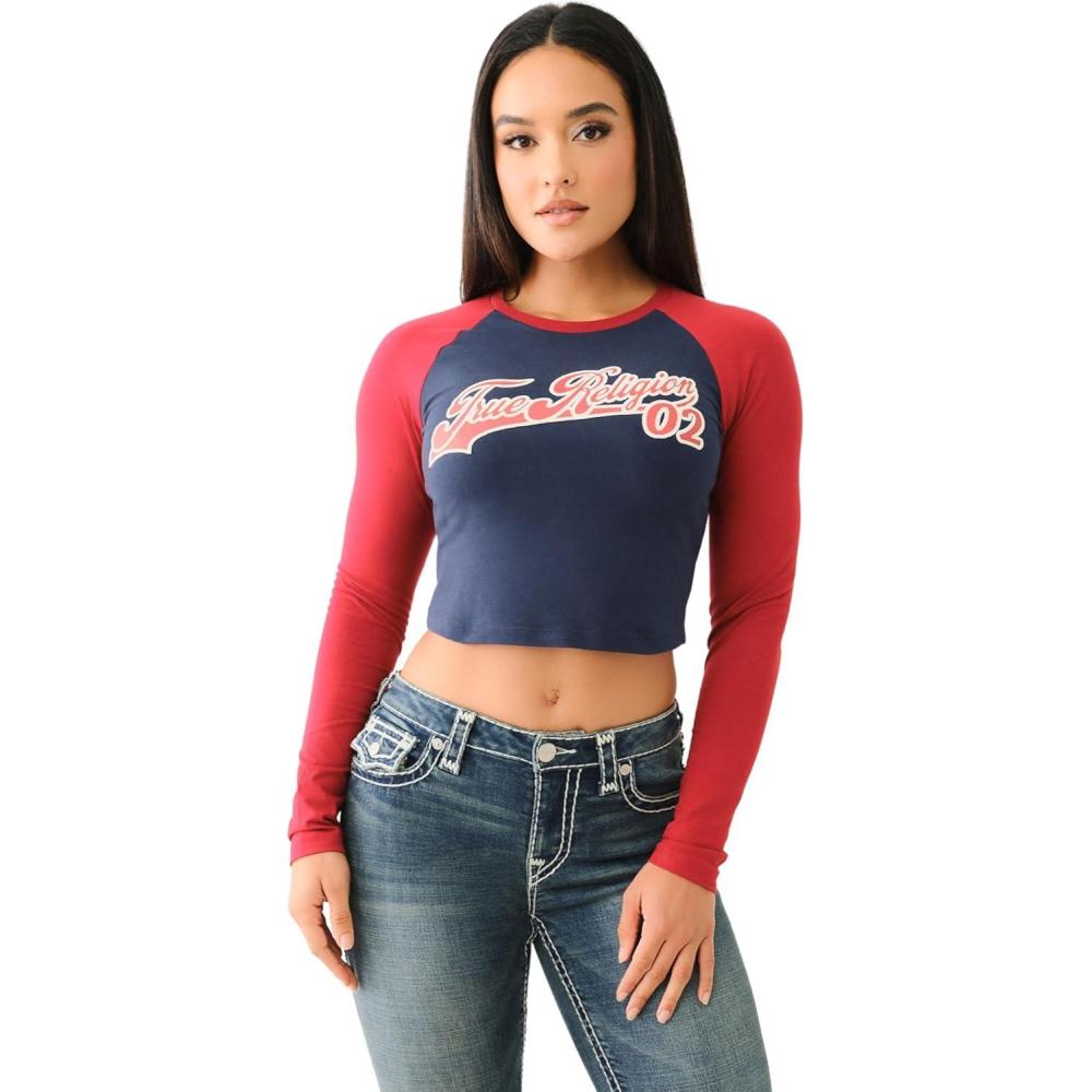 imageTrue Religion Womens Contrast Raglan Ls Crew Neck Tee Dress BluRed Dahlia