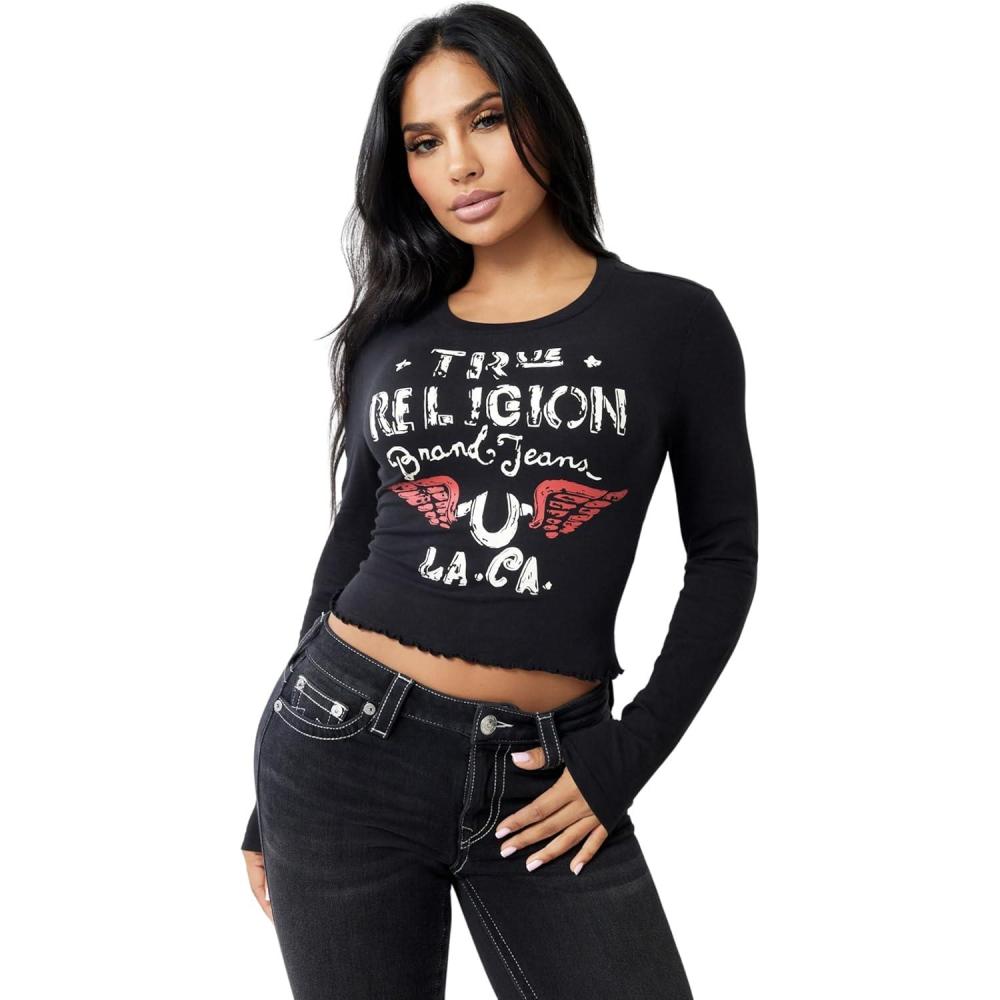 imageTrue Religion Womens Distressed Wing High Shine Baby Tee with Lettuce Hem Casual TShirtJet Black