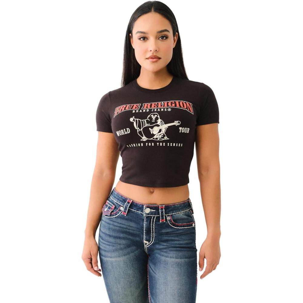 imageTrue Religion Womens Short Sleeve Baby Tee Classic Crew Neck TShirtJet Black