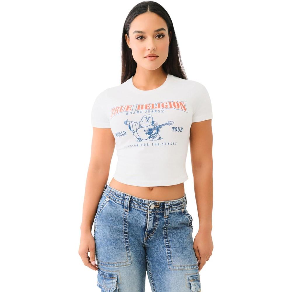 imageTrue Religion Womens Short Sleeve Baby Tee Classic Crew Neck TShirtOptic White