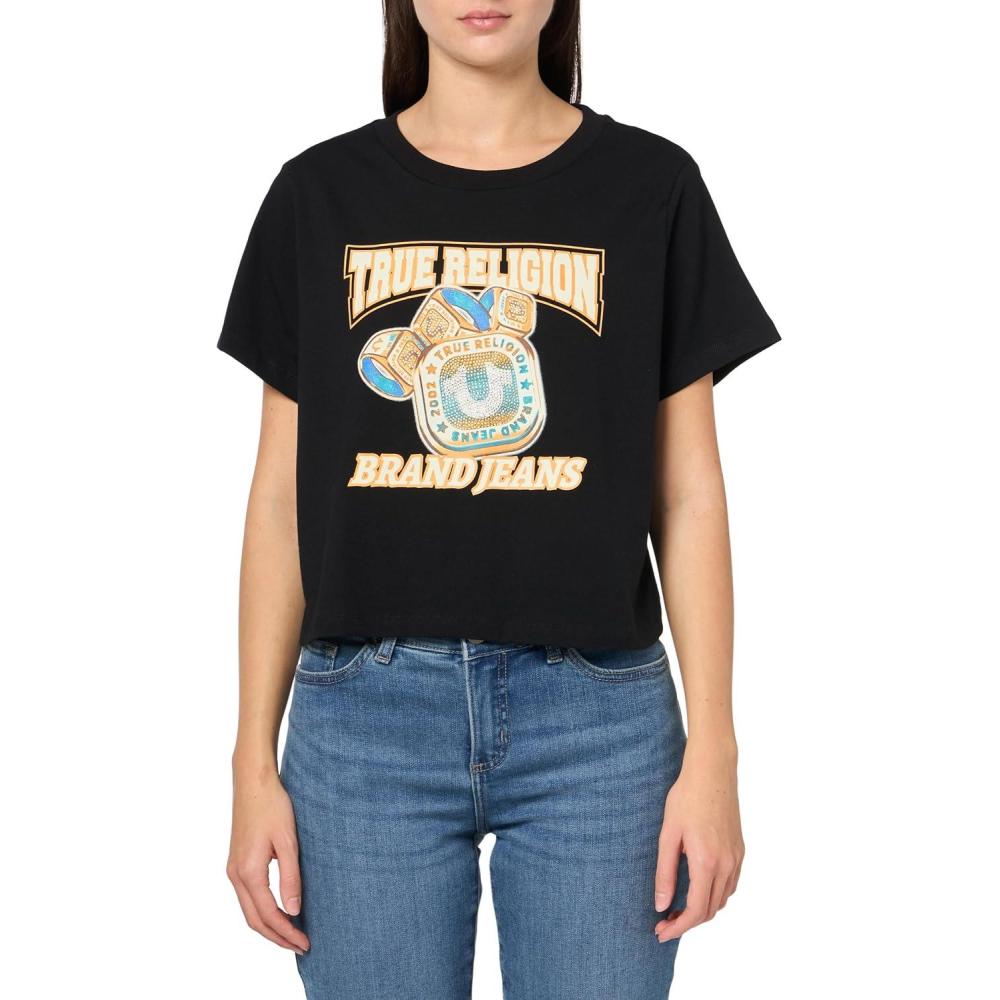 imageTrue Religion Womens TR Crystal Short Sleeve Baby Tee Embellished Crew Neck TShirtJet Black