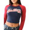 True Religion Womens Contrast Raglan Ls Crew Neck Tee ​(Dress Blu/Red Dahlia)