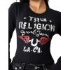 True Religion Women’s Distressed Wing High Shine Baby Tee with Lettuce Hem – Casual T-Shirt(Jet Black)