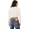 True Religion Women’s Distressed Wing High Shine Baby Tee with Lettuce Hem – Casual T-Shirt(Winter White)