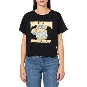 True Religion Women’s TR Crystal Short Sleeve Baby Tee – Embellished Crew Neck T-Shirt(Jet Black)