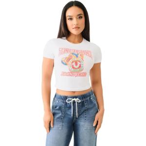 True Religion Women’s TR Crystal Short Sleeve Baby Tee – Embellished Crew Neck T-Shirt(Optic White)