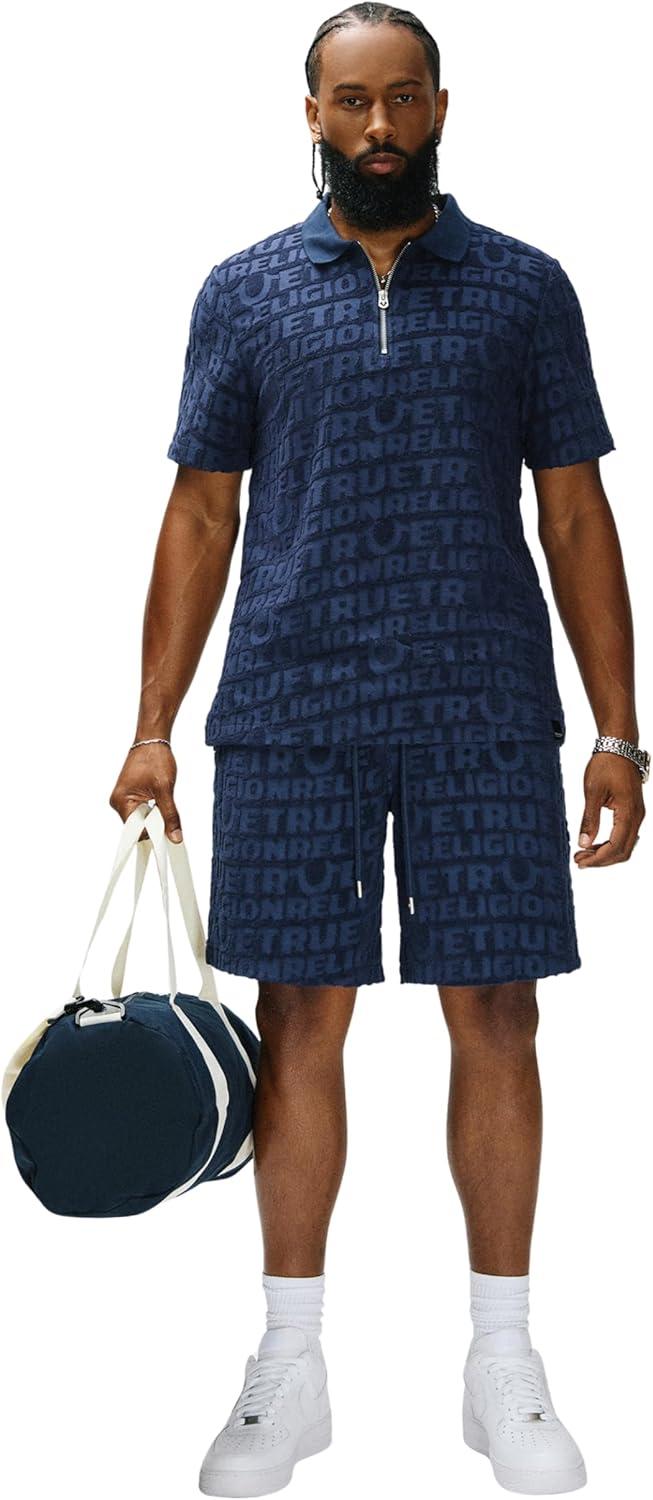 imageTrue Religion Mens Terry Knit Short Drawstring Waist Slanted Pockets Debossed Logo Design