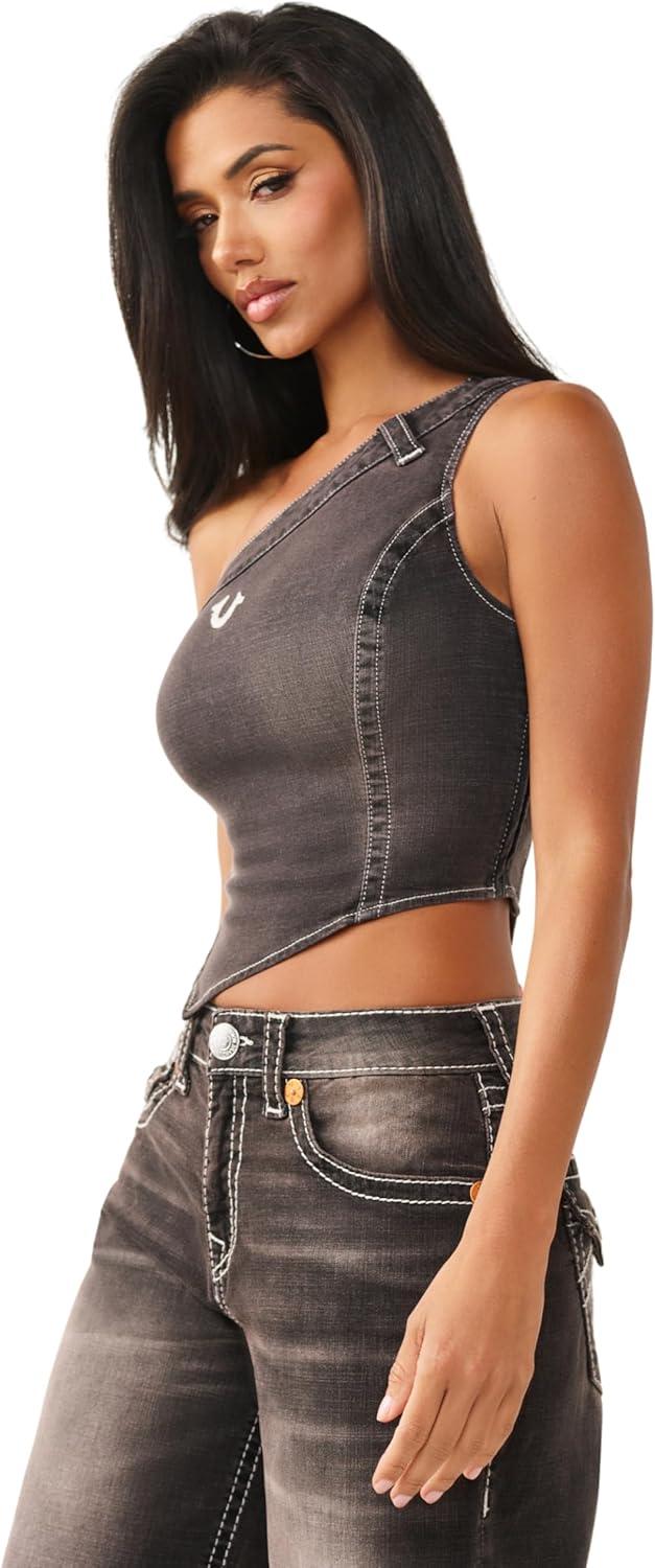 imageTrue Religion Asymmetric OffTheShoulder Top for Women Cropped Long Sleeve with Bling Logo amp Edgy Hemline