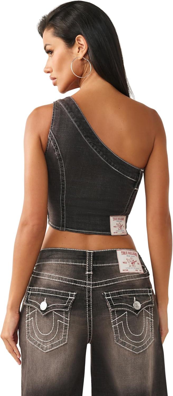 imageTrue Religion Asymmetric OffTheShoulder Top for Women Cropped Long Sleeve with Bling Logo amp Edgy Hemline