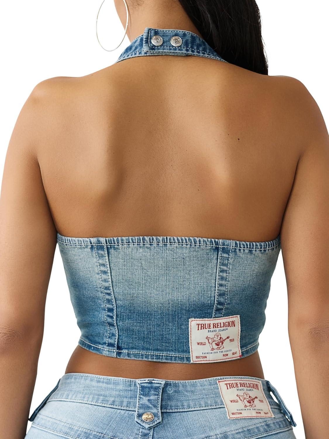 imageTrue Religion Denim Scoop Neck Vest for Women Cropped CorsetStyle Top with Horseshoe Detail amp Copper Hardware
