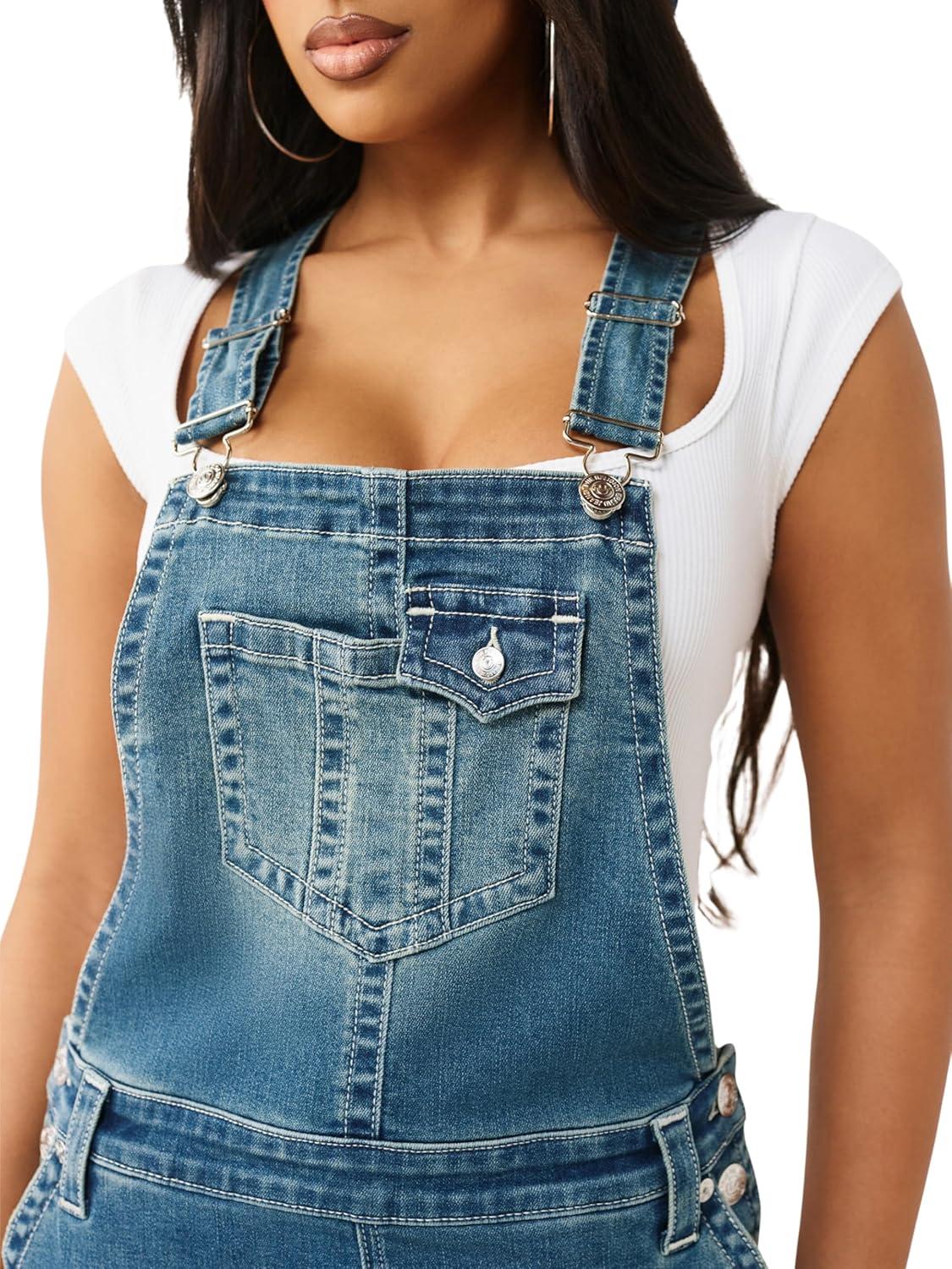 imageTrue Religion Womens Denim Overall Dress Stretch Denim Fitted Silhouette