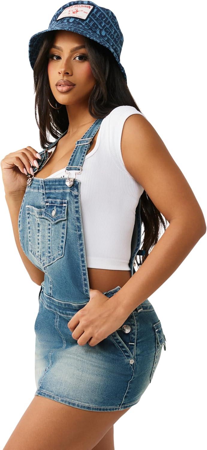 imageTrue Religion Womens Denim Overall Dress Stretch Denim Fitted Silhouette