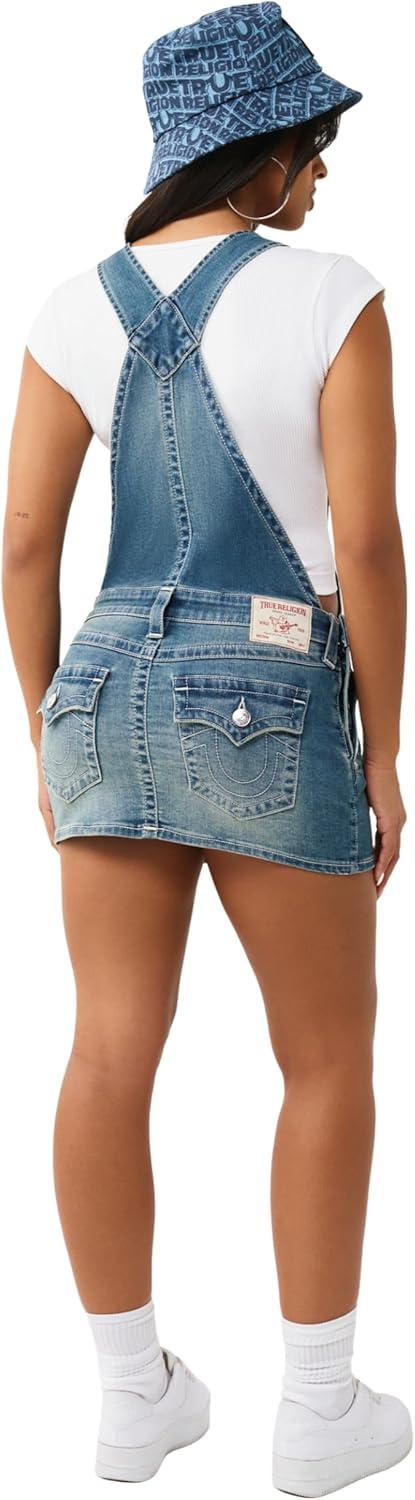 imageTrue Religion Womens Denim Overall Dress Stretch Denim Fitted Silhouette