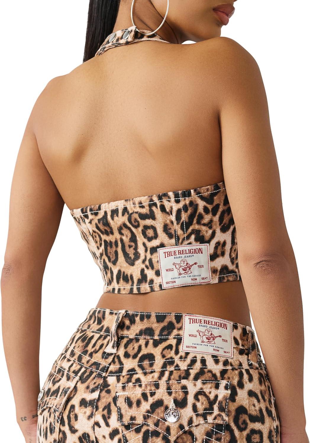 imageTrue Religion Womens Scoop Neck Halter Corset Top Denim Halter SelfTie Halter Style Leopard XXLarge