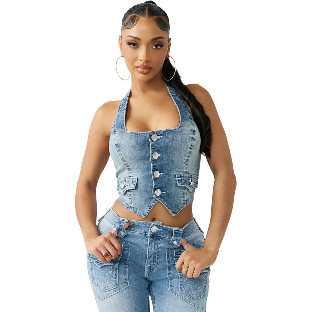 imageTrue Religion Denim Scoop Neck Vest for Women Cropped CorsetStyle Top with Horseshoe Detail amp Copper Hardware