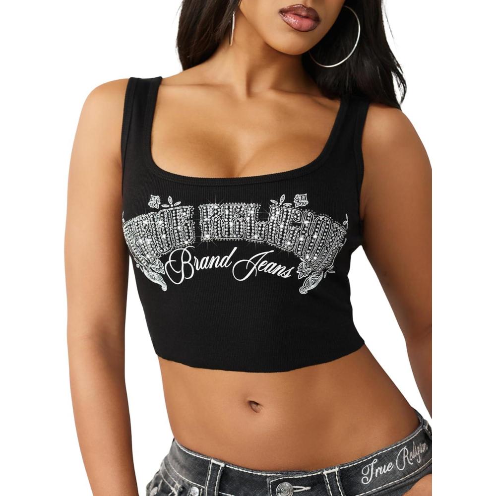 imageTrue Religion Womens Crystal Bandanna Rib Tank Ribbed Stretch Knit Scoop Neck Crystal DetailingJet Black