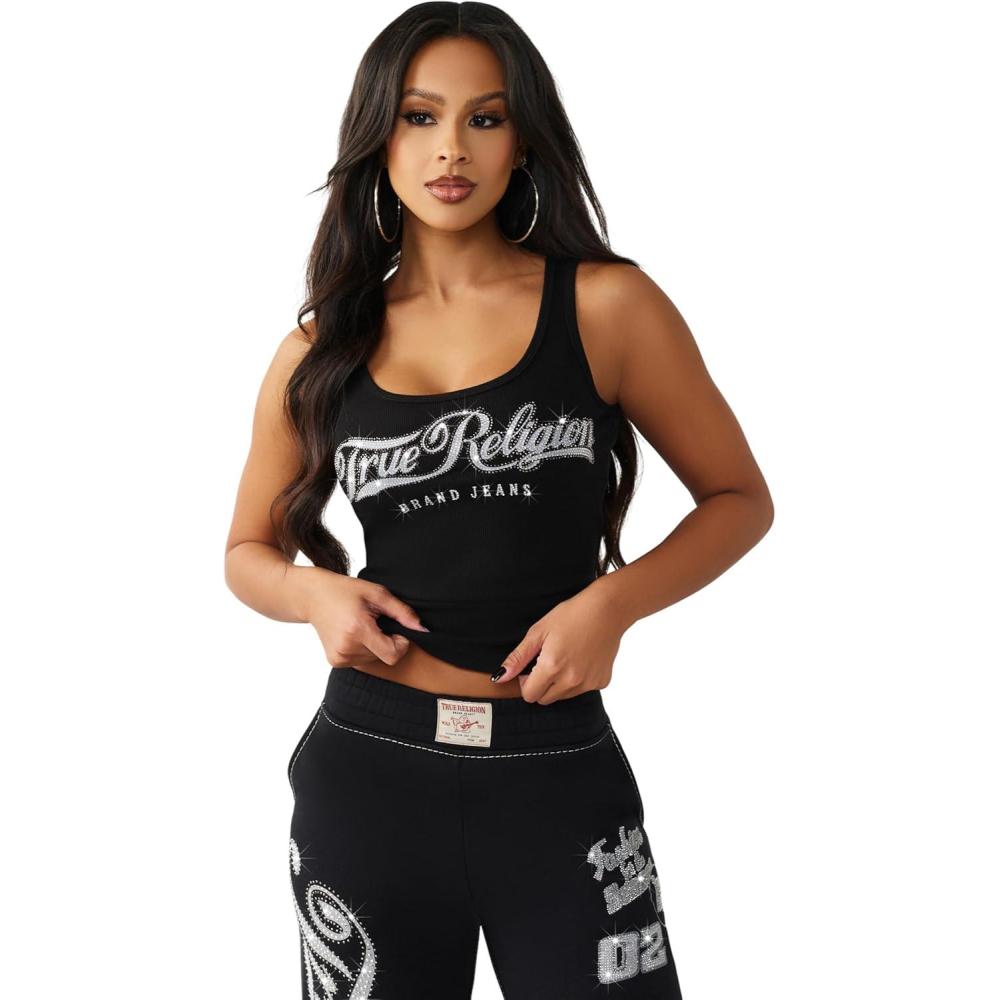 imageTrue Religion Womens Crystal Square Neck Rib TankJet Black