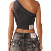 True Religion Asymmetric Off-The-Shoulder Top for Women – Cropped Long Sleeve with Bling Logo & Edgy Hemline
