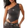 True Religion Asymmetric Off-The-Shoulder Top for Women – Cropped Long Sleeve with Bling Logo & Edgy Hemline
