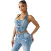 True Religion Denim Scoop Neck Vest for Women – Cropped Corset-Style Top with Horseshoe Detail & Copper Hardware