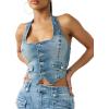 True Religion Denim Scoop Neck Vest for Women – Cropped Corset-Style Top with Horseshoe Detail & Copper Hardware