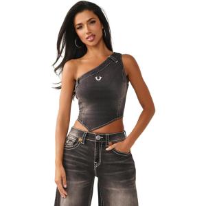 True Religion Asymmetric Off-The-Shoulder Top for Women – Cropped Long Sleeve with Bling Logo & Edgy Hemline