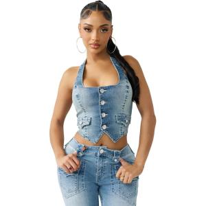 True Religion Denim Scoop Neck Vest for Women – Cropped Corset-Style Top with Horseshoe Detail & Copper Hardware