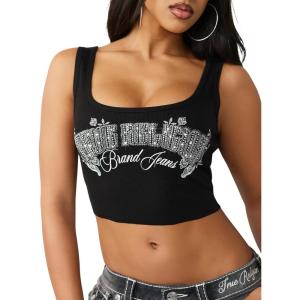 True Religion Women’s Crystal Bandanna Rib Tank – Ribbed Stretch Knit, Scoop Neck, Crystal Detailing(Jet Black)