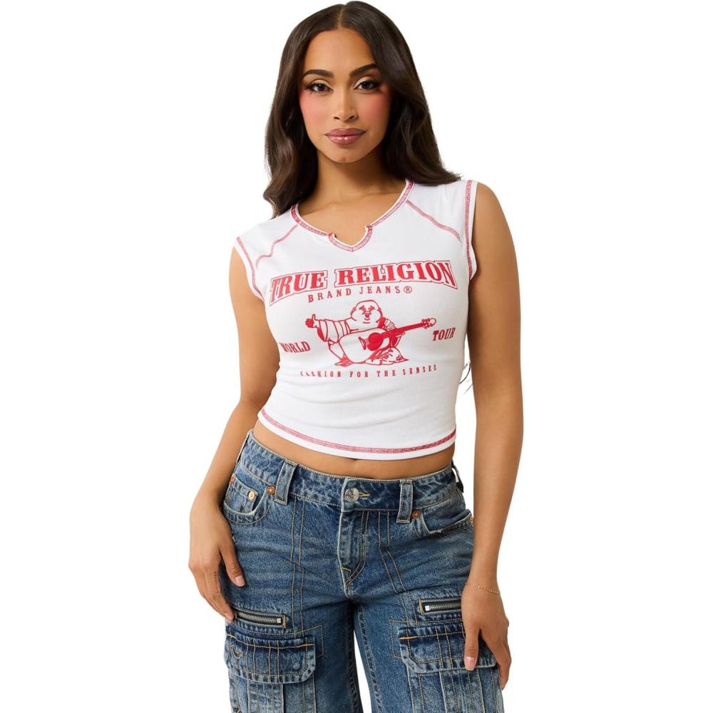 imageTrue Religion Womens SRS Contrast Stitch Rib Notched Tee Womens Tops T Shirts for Women Graphic Tees for WomenOptic White