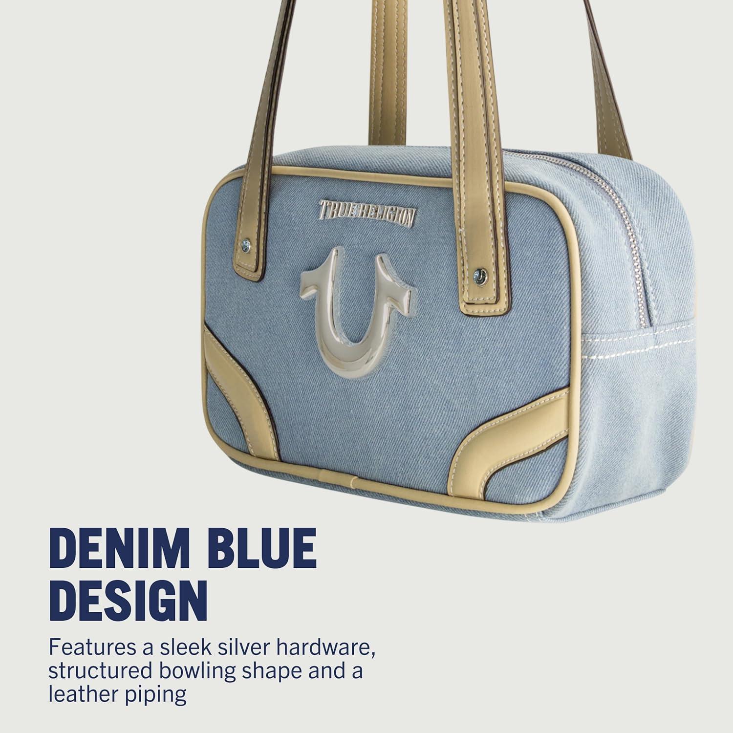 imageTrue Religion Satchel Bag Womens Small Denim Bowling Purse Handbag Denim