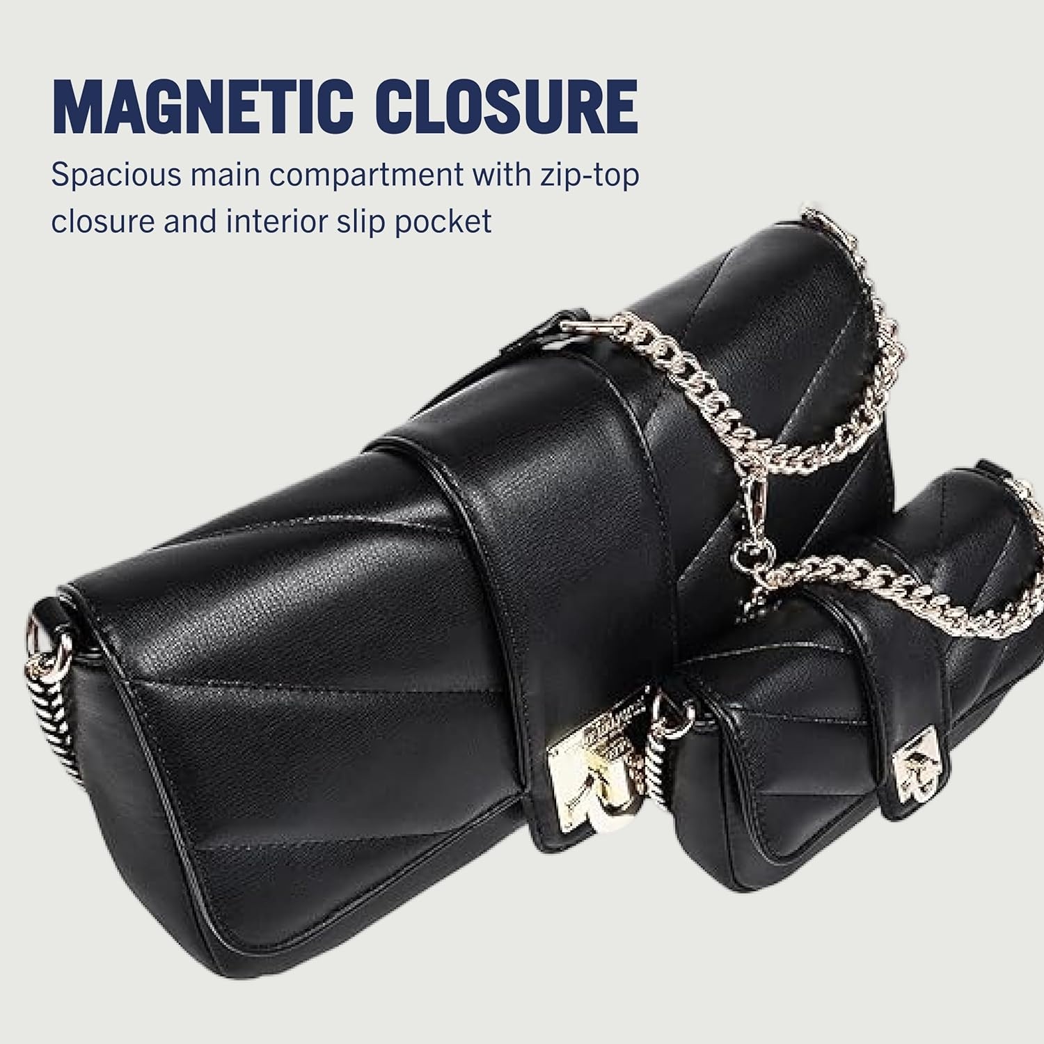 imageTrue Religion Shoulder Bag Quilted Flap Purse with Logo Clasp Gold Chain Straps and Matching Mini Bag Black