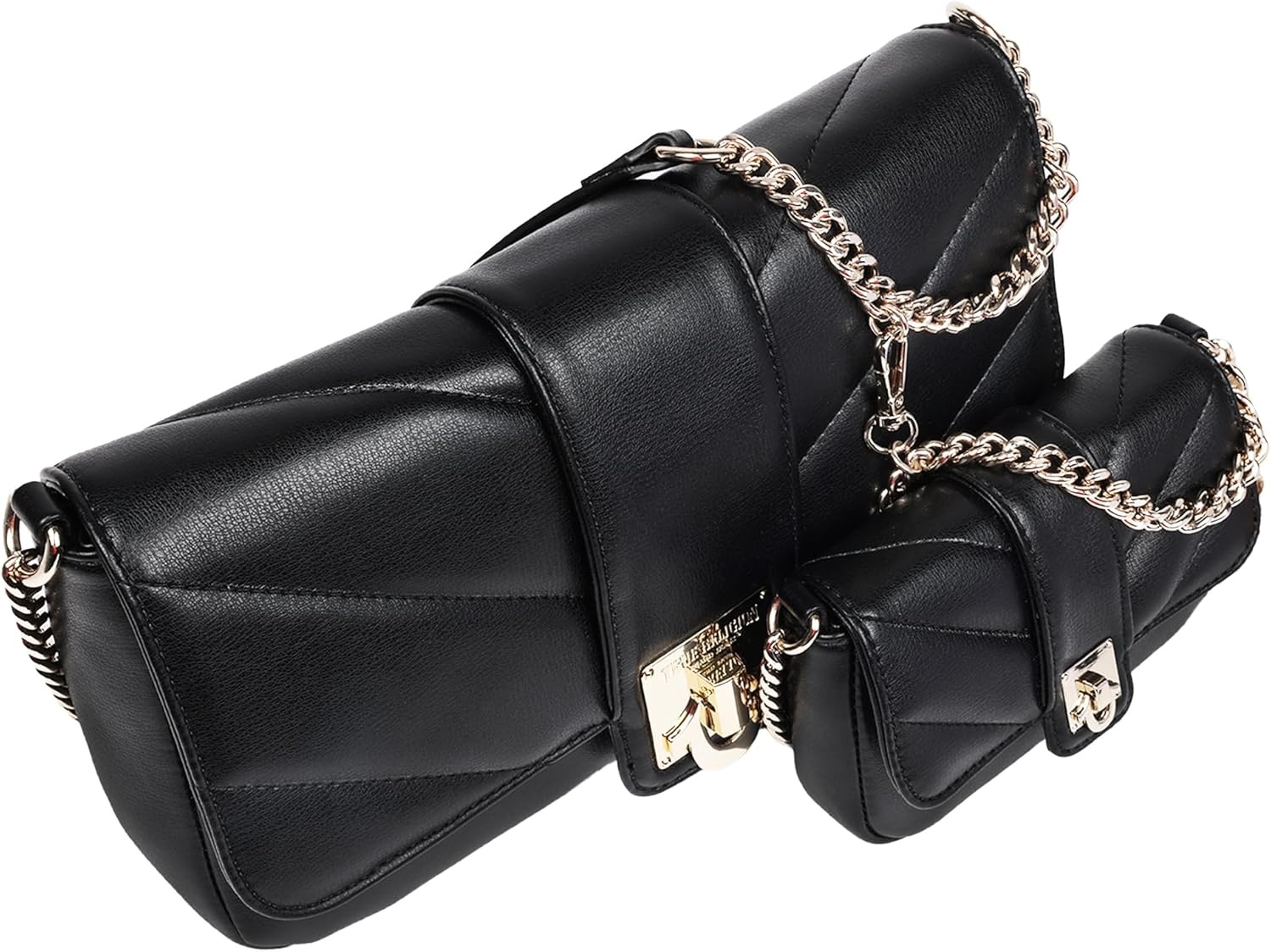 imageTrue Religion Shoulder Bag Quilted Flap Purse with Logo Clasp Gold Chain Straps and Matching Mini Bag Black