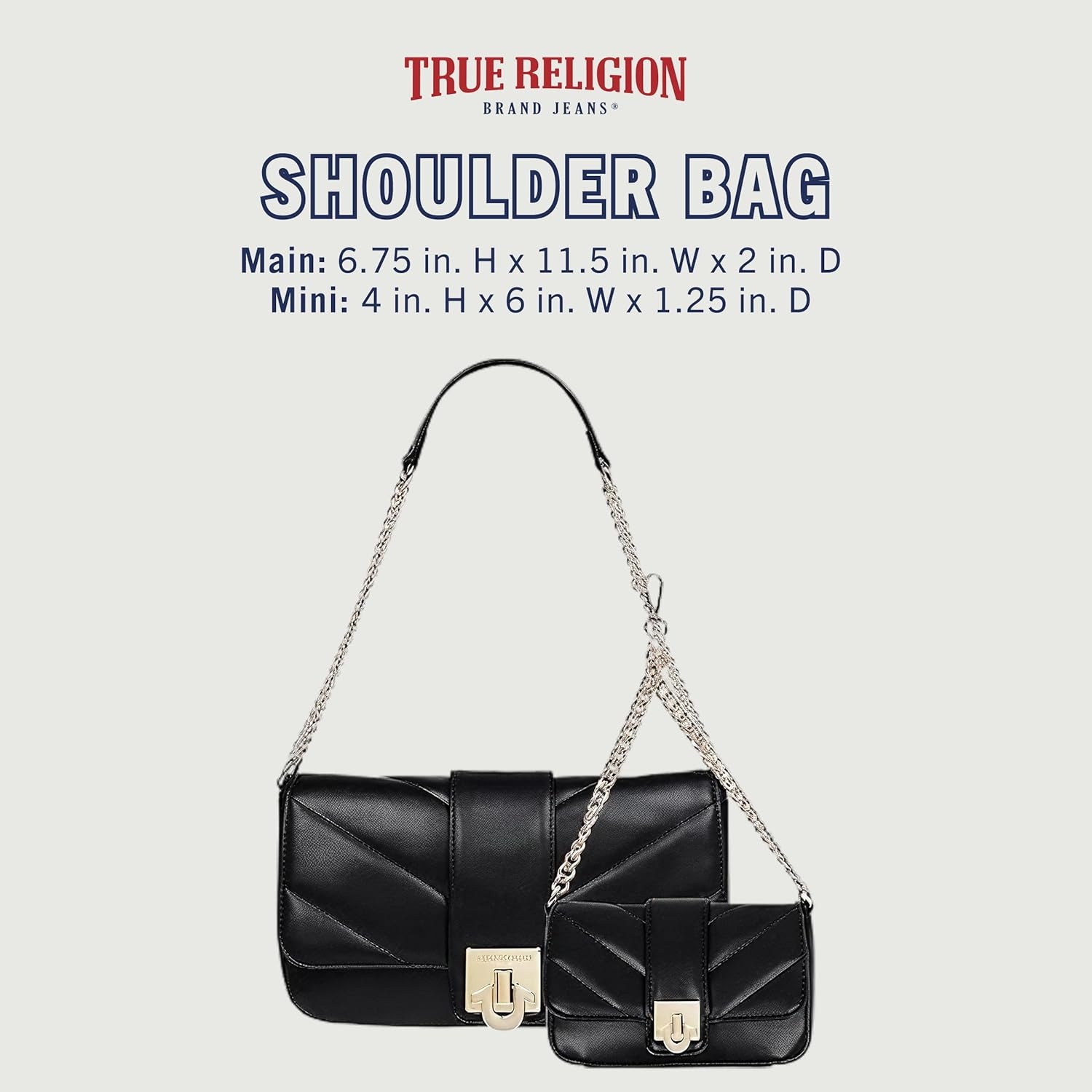 imageTrue Religion Shoulder Bag Quilted Flap Purse with Logo Clasp Gold Chain Straps and Matching Mini Bag Black