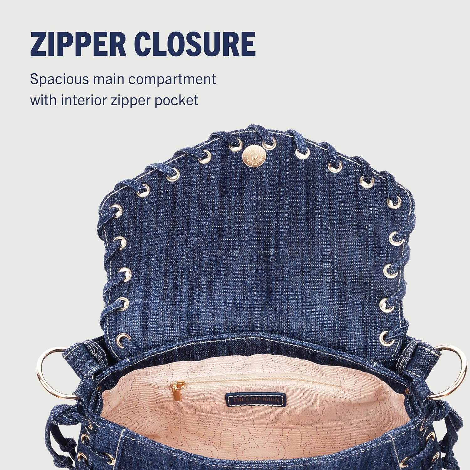 imageTrue Religion Studded Horseshoe Eyelet Denim Flap Bag Crossbody Shoulder Handbag with Logo and Stud Details Dark Denim