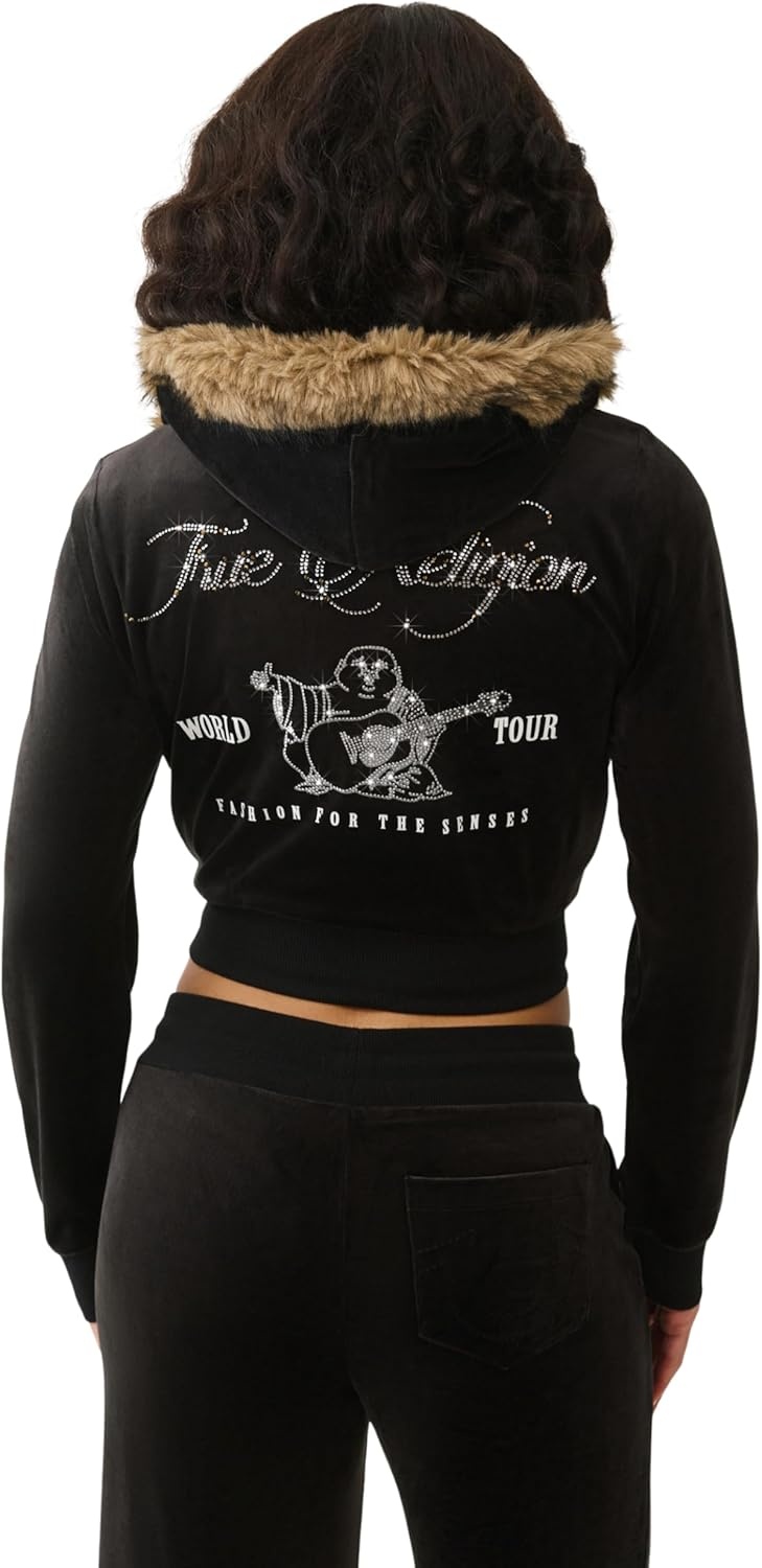 imageTrue Religion Womens Velour Crystal Shrunken Zip Hoodie Hoodies for Women Zip Up Hoodie Women Cropped HoodieJet Black