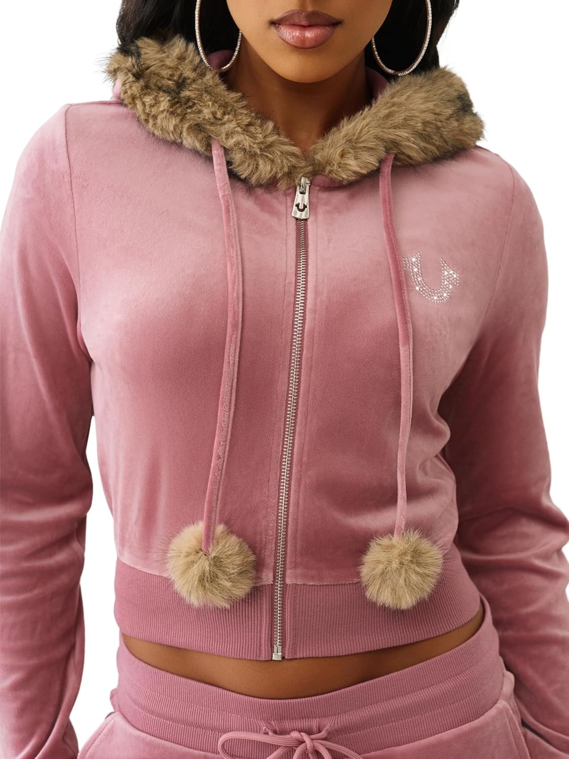 imageTrue Religion Womens Velour Crystal Shrunken Zip Hoodie Hoodies for Women Zip Up Hoodie Women Cropped HoodieNostalgia Rose