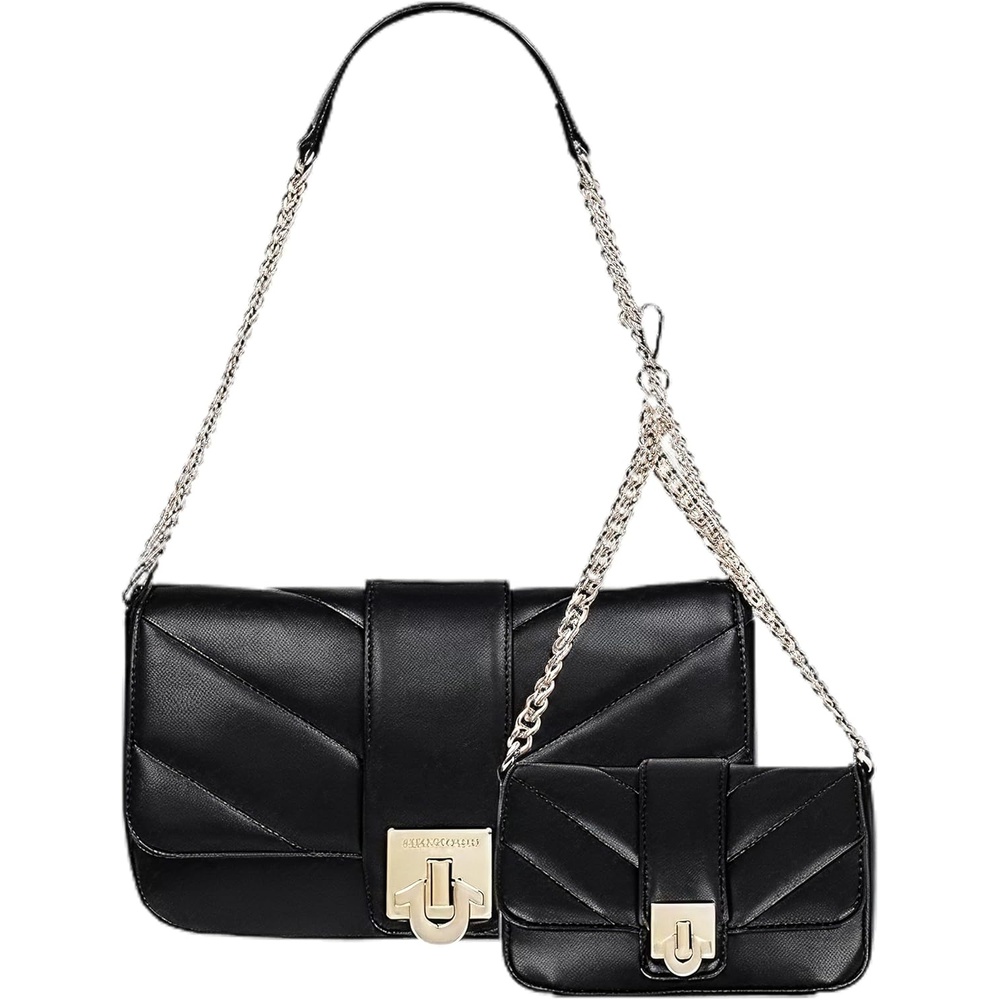 imageTrue Religion Shoulder Bag Quilted Flap Purse with Logo Clasp Gold Chain Straps and Matching Mini Bag Black